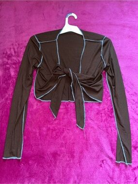 Rue 21 Dark Brown Ribbed Knit Crop Long Sleeve Wrap Cross Over Blouse